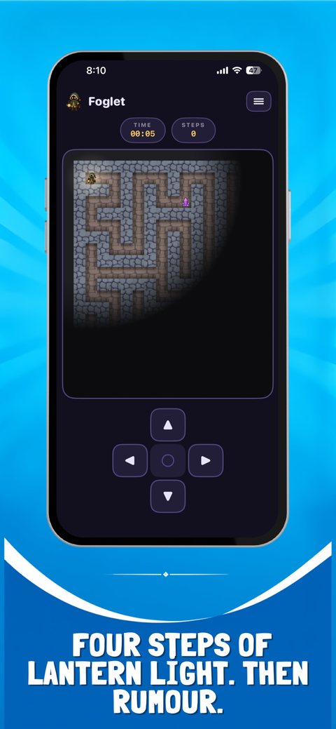 A stone dungeon maze where lantern light gives way to total darkness