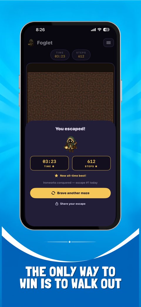 Foglet victory screen showing time, steps and a new all-time best